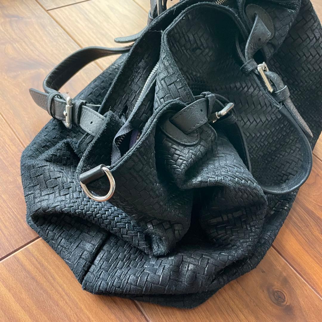 黒 編み込みレザー ボストンバッグ