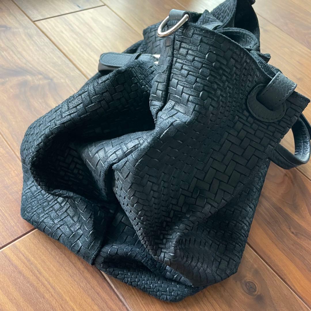 黒 編み込みレザー ボストンバッグ