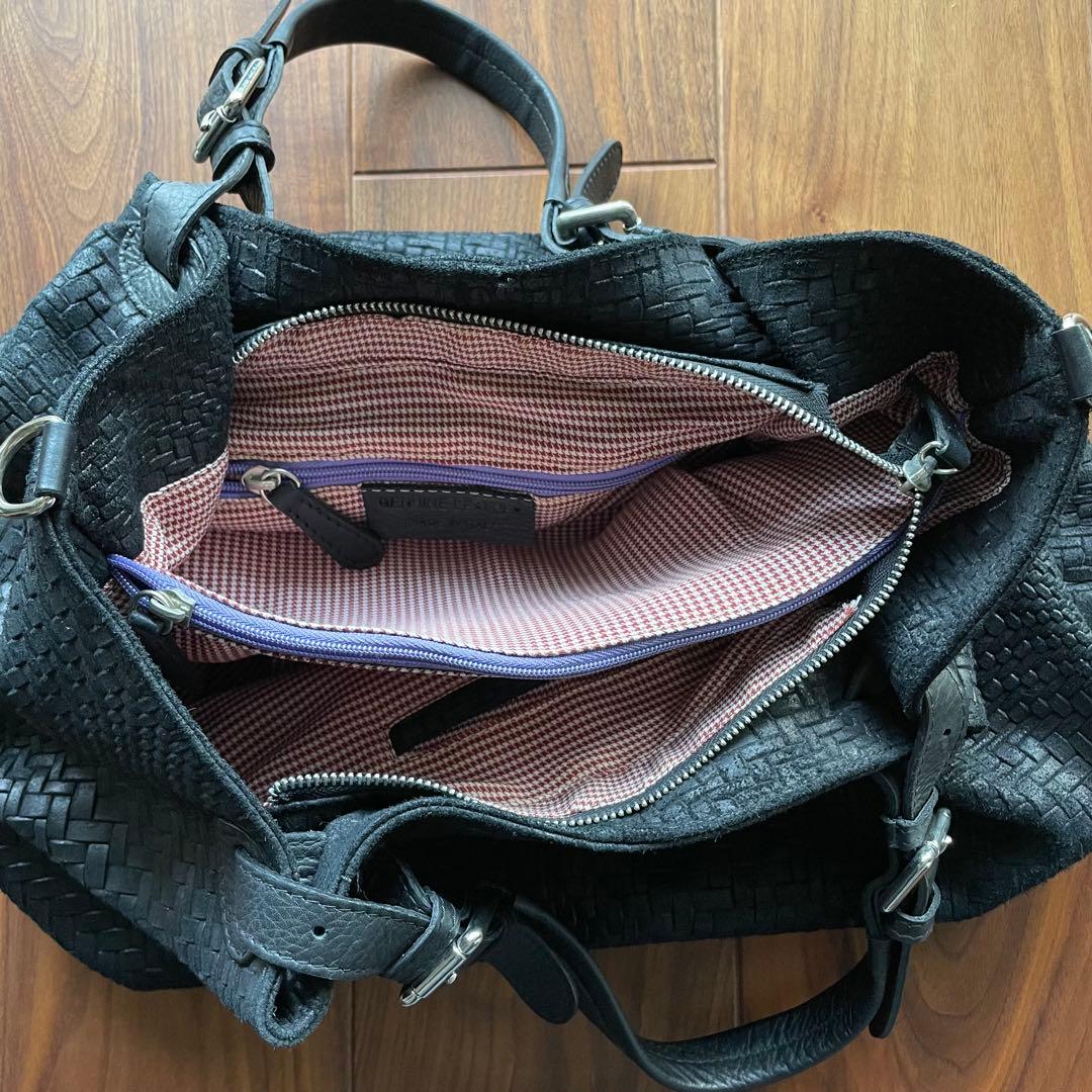 黒 編み込みレザー ボストンバッグ