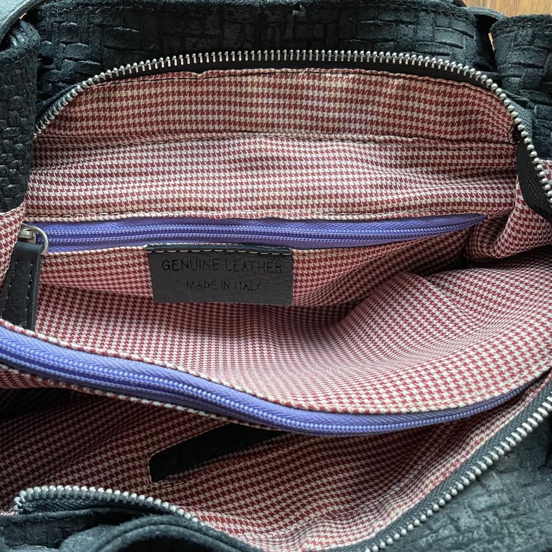 黒 編み込みレザー ボストンバッグ