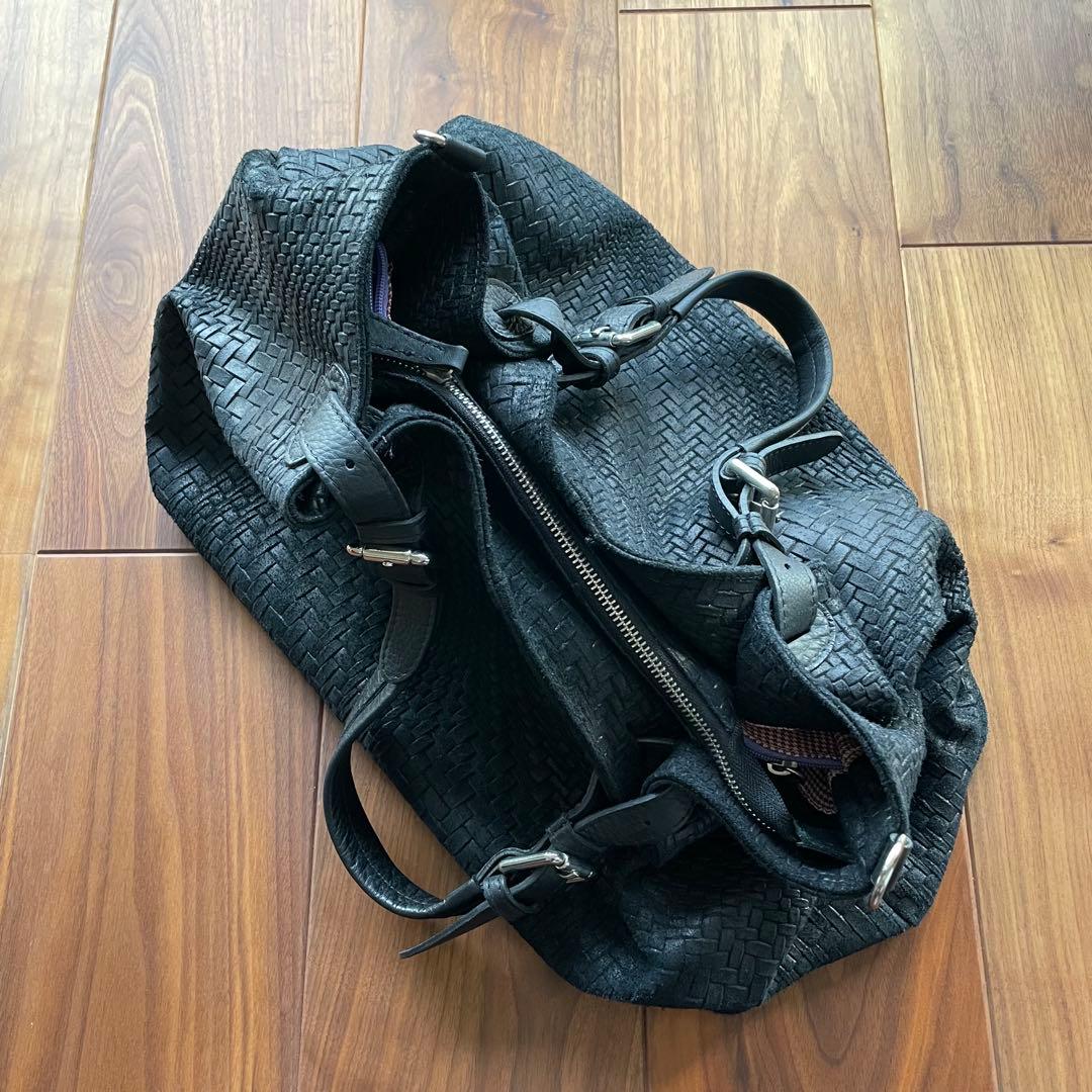 黒 編み込みレザー ボストンバッグ