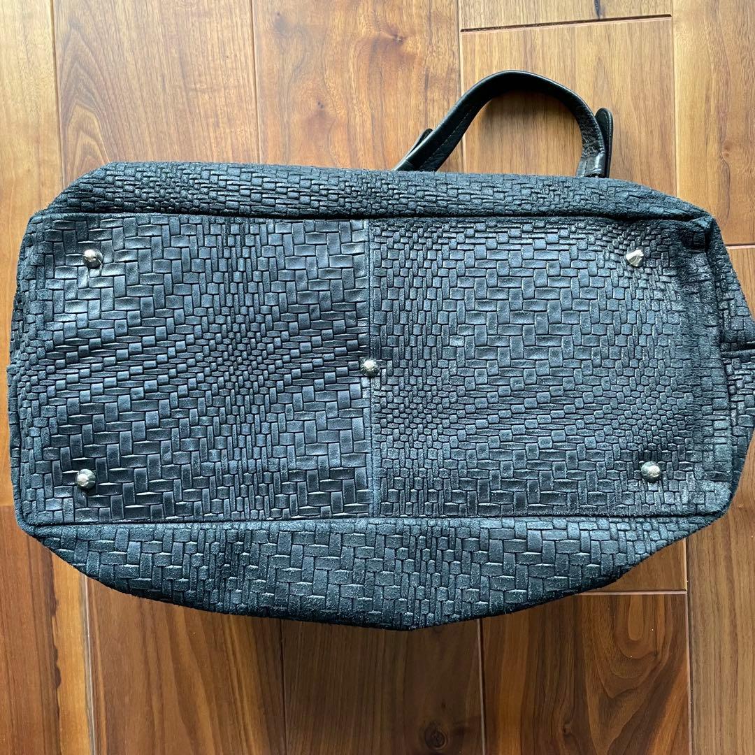 黒 編み込みレザー ボストンバッグ