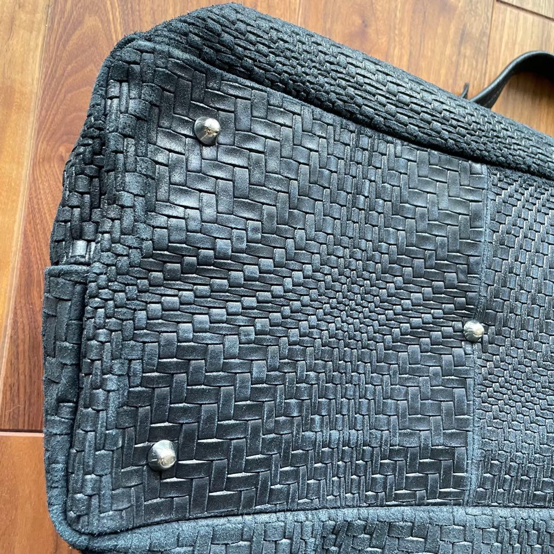 黒 編み込みレザー ボストンバッグ