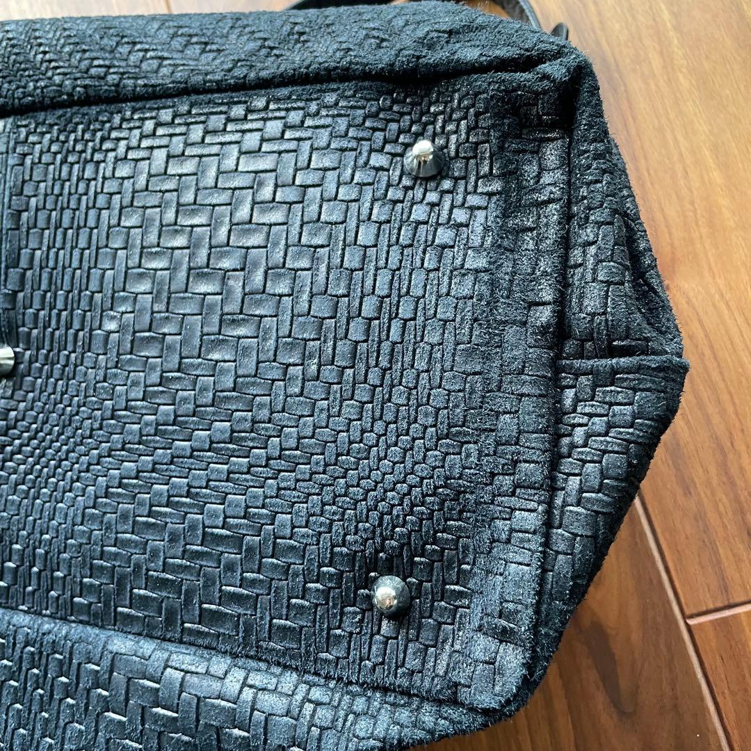 黒 編み込みレザー ボストンバッグ