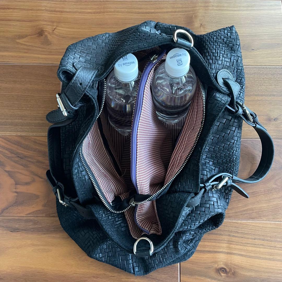 黒 編み込みレザー ボストンバッグ