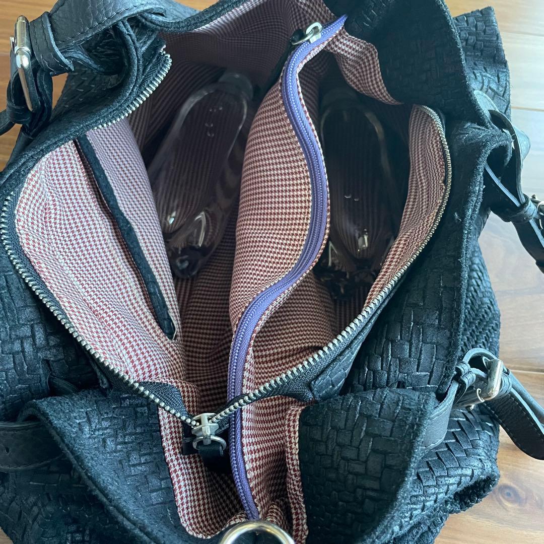 黒 編み込みレザー ボストンバッグ