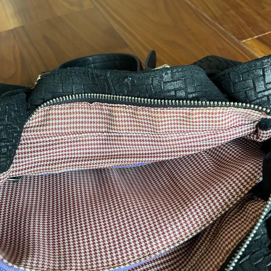 黒 編み込みレザー ボストンバッグ