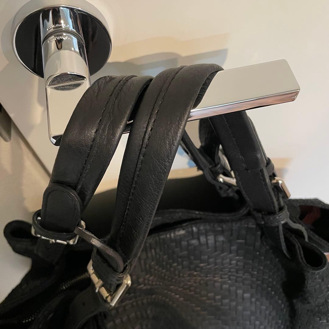 黒 編み込みレザー ボストンバッグ