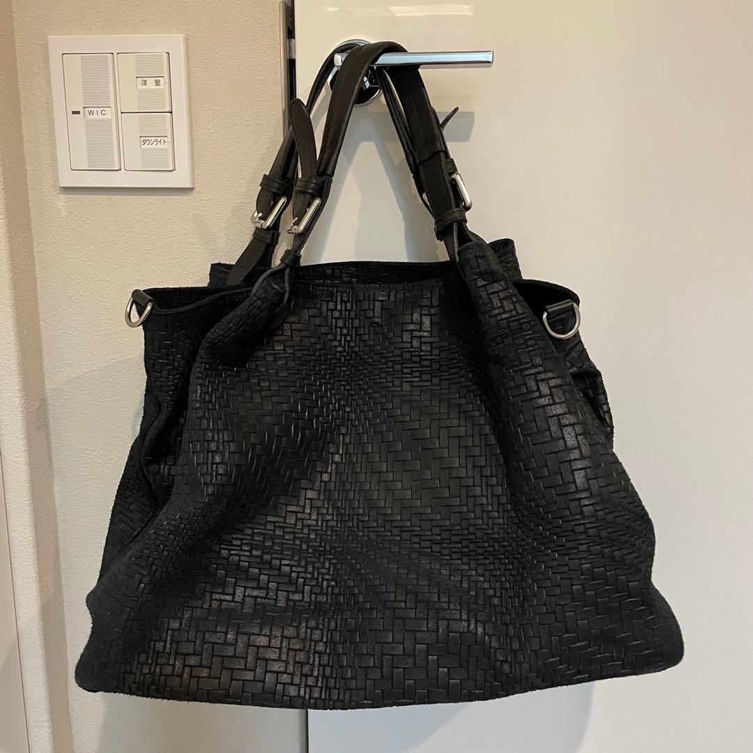 黒 編み込みレザー ボストンバッグ