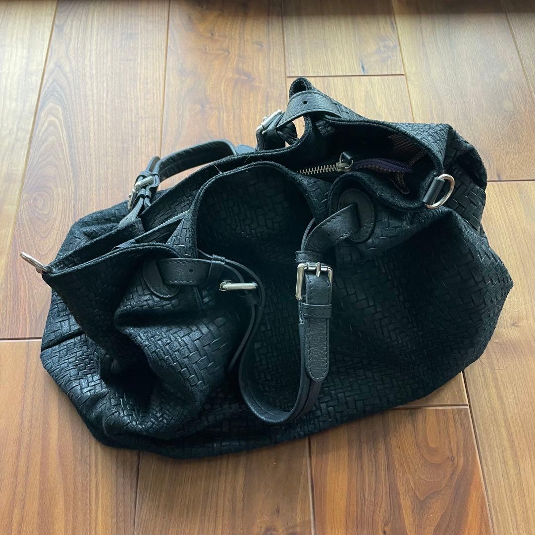 黒 編み込みレザー ボストンバッグ