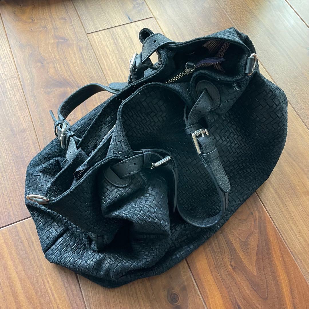 黒 編み込みレザー ボストンバッグ