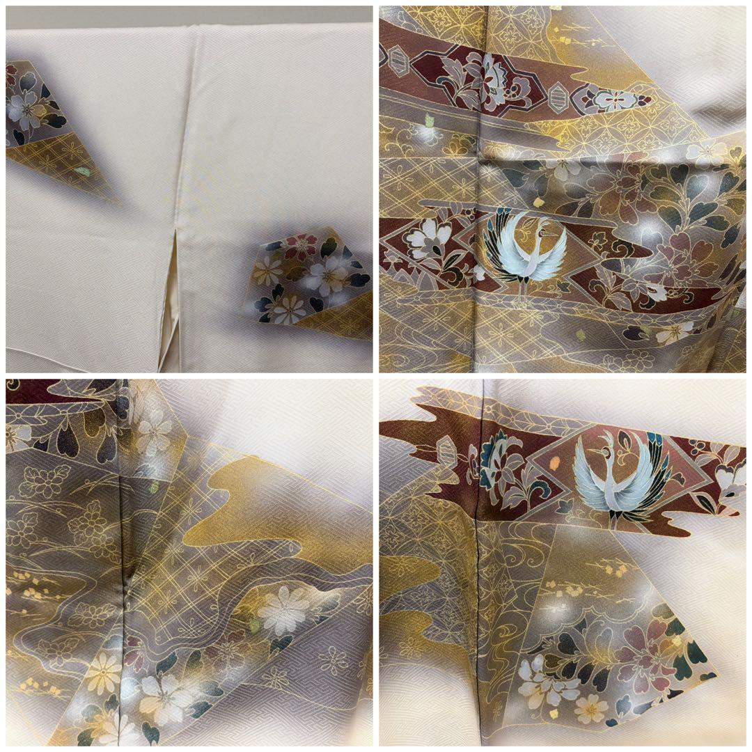 A 鳳凰に唐草唐花模様 白 金彩 正絹 袷 訪問着 着物 K33