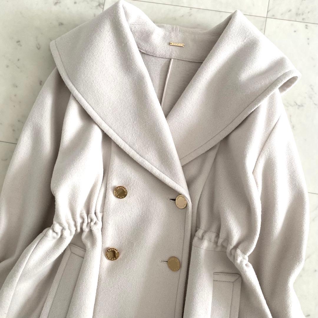 美品 モラビトスペル ウエストシェイプ ショールカラーコート 金ボタン 38