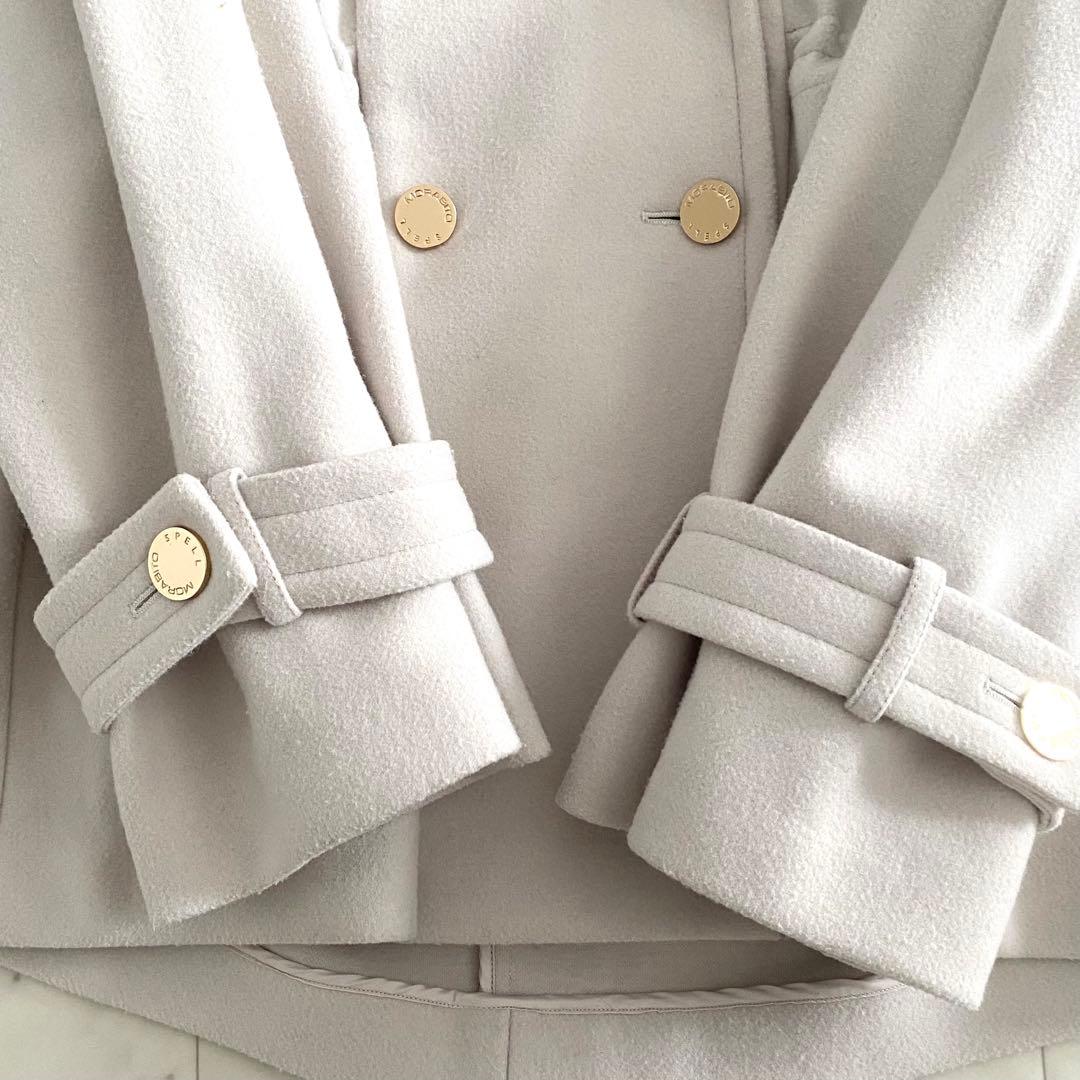 美品 モラビトスペル ウエストシェイプ ショールカラーコート 金ボタン 38