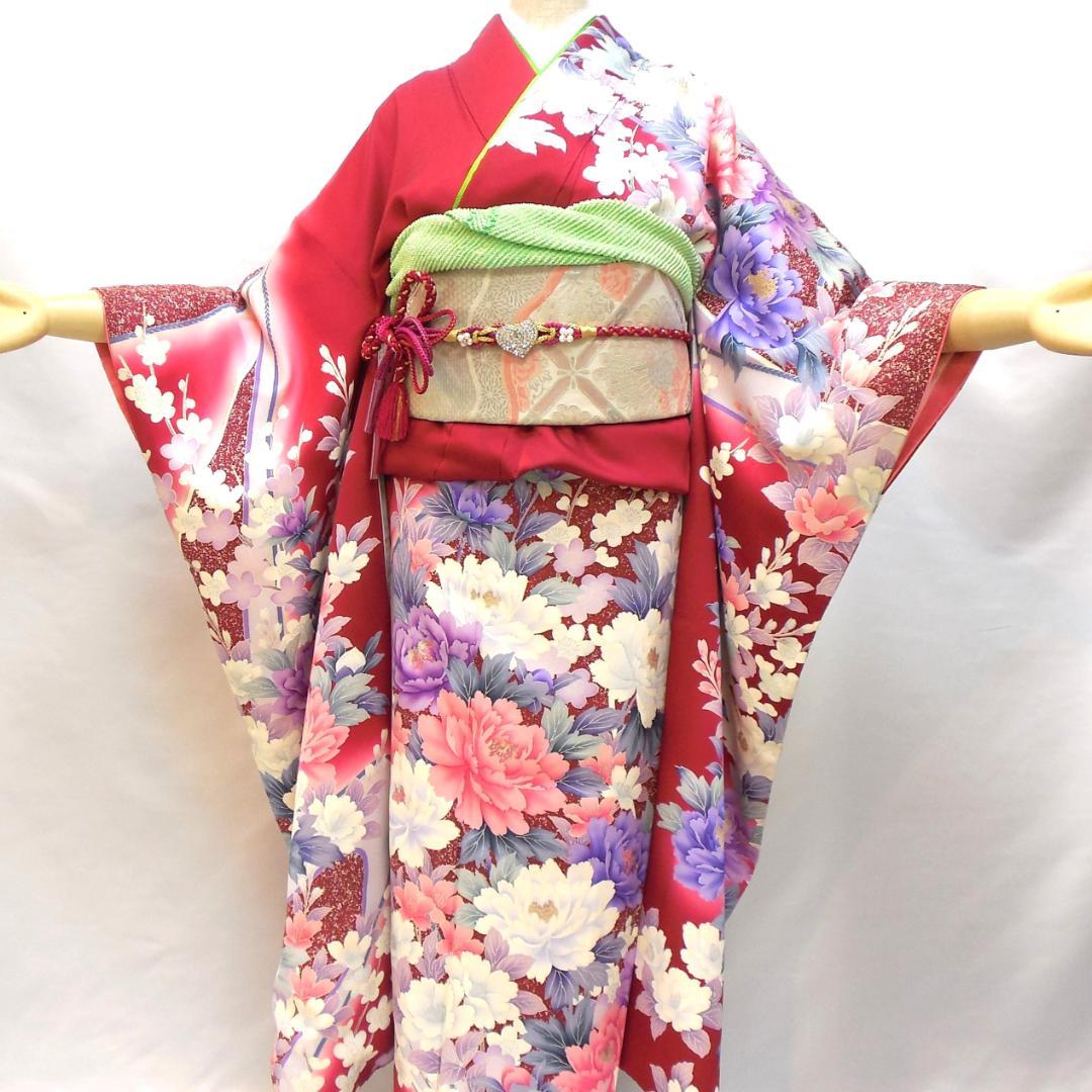 極美品★振袖フルセット　正絹　成人式　振袖　7点セット　Mサイズ　レッド系　花柄