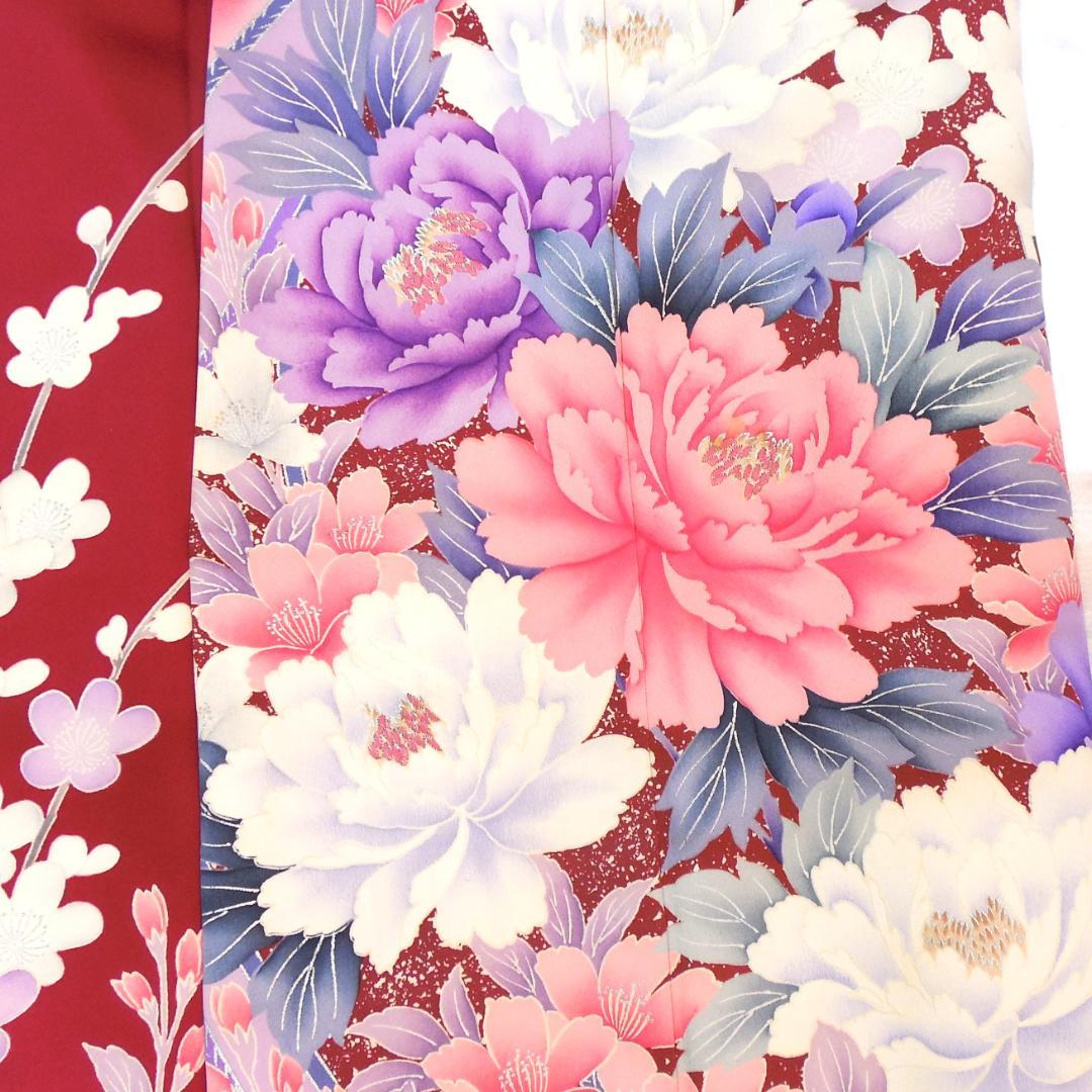 極美品★振袖フルセット　正絹　成人式　振袖　7点セット　Mサイズ　レッド系　花柄