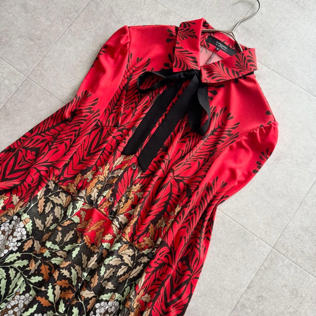 美品　コルコバード　ロングワンピース　ボウタイ　赤　総柄　M