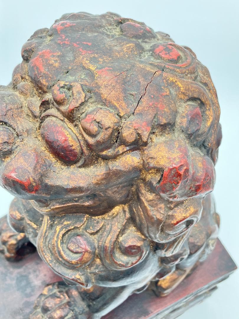 時代木製獅子　狛犬　一対　高さ：約４４ｃｍ　木彫り