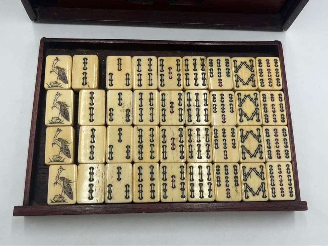 中国　竹嵌　骨牌　背竹牌　麻雀牌　唐木箱付