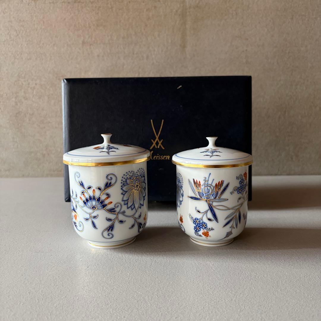 マイセン ブルーオニオン 朱金 レッド ゴールド 湯呑み 蓋付き カップ