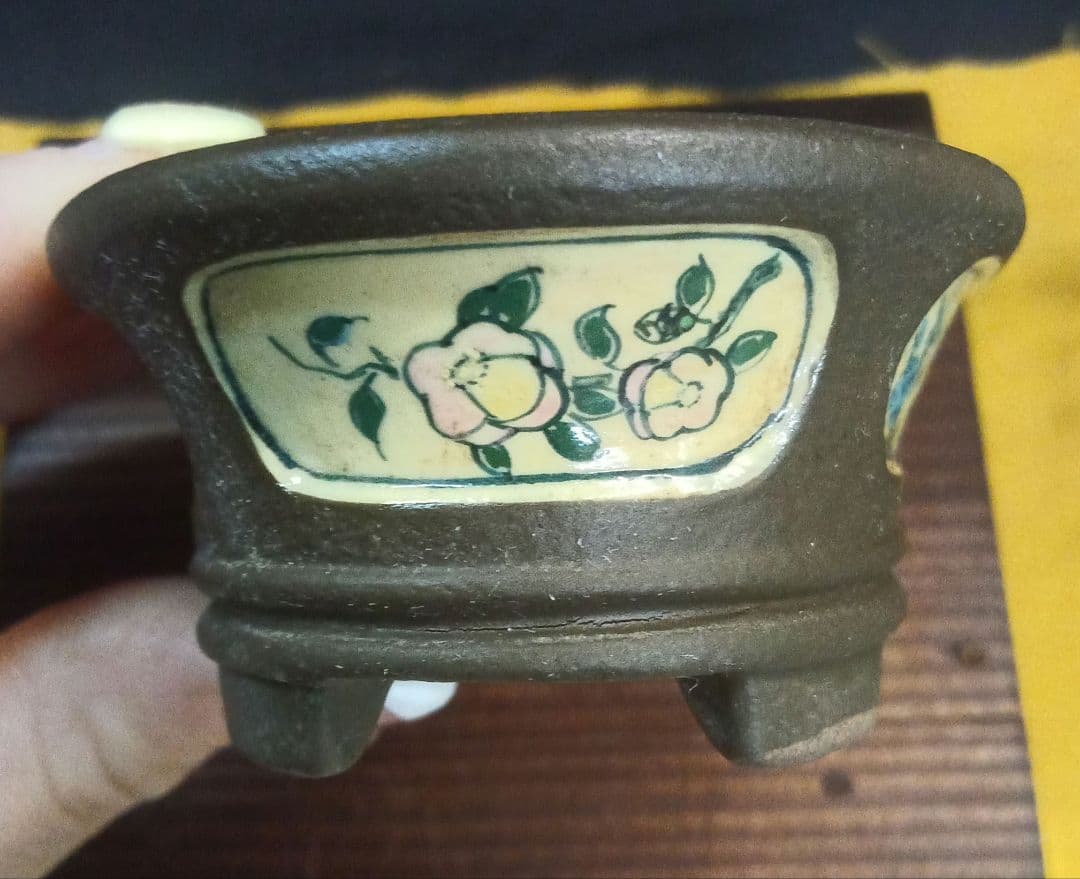 006.【陶翠】象嵌絵付/縁付楕円/盆栽鉢/木箱付き