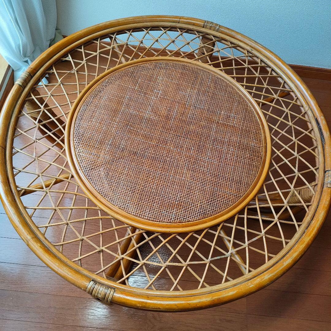 昭和レトロ ヴィンテージ 大型 ラタン ラウンドテーブル 円卓 座卓 籐家具