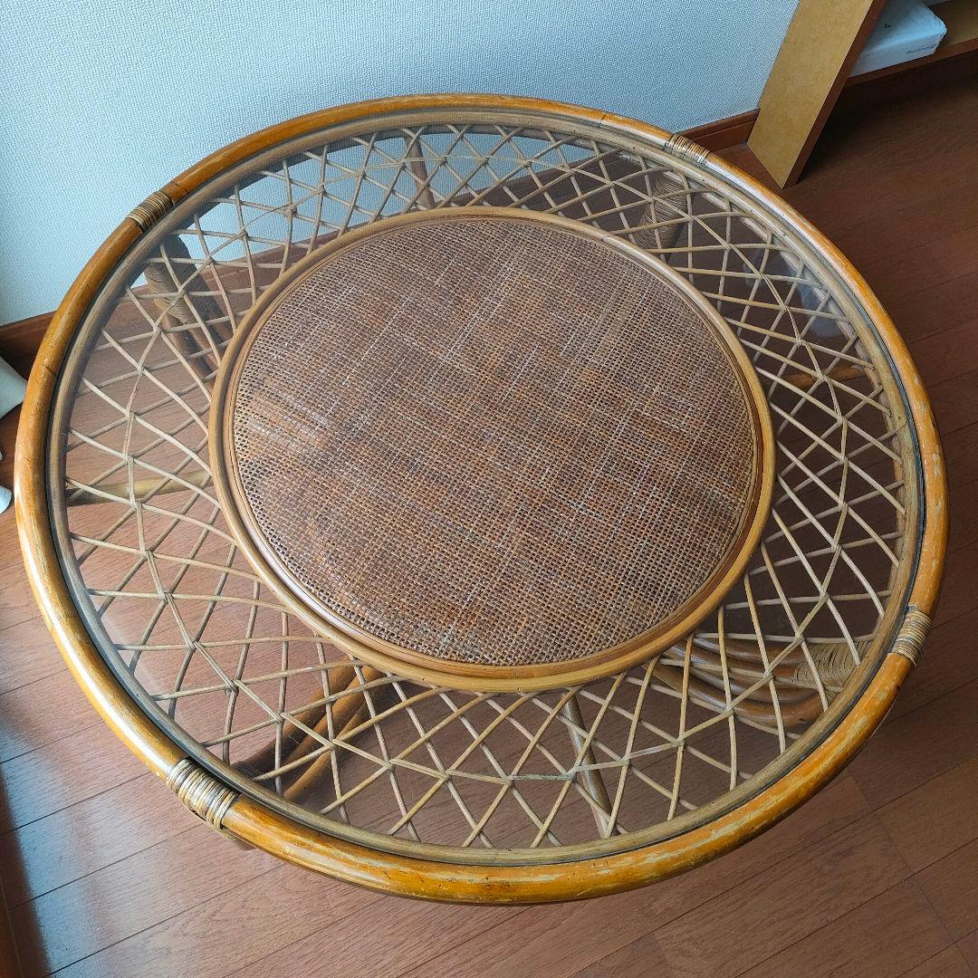 昭和レトロ ヴィンテージ 大型 ラタン ラウンドテーブル 円卓 座卓 籐家具