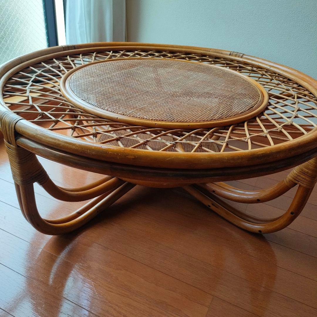 昭和レトロ ヴィンテージ 大型 ラタン ラウンドテーブル 円卓 座卓 籐家具
