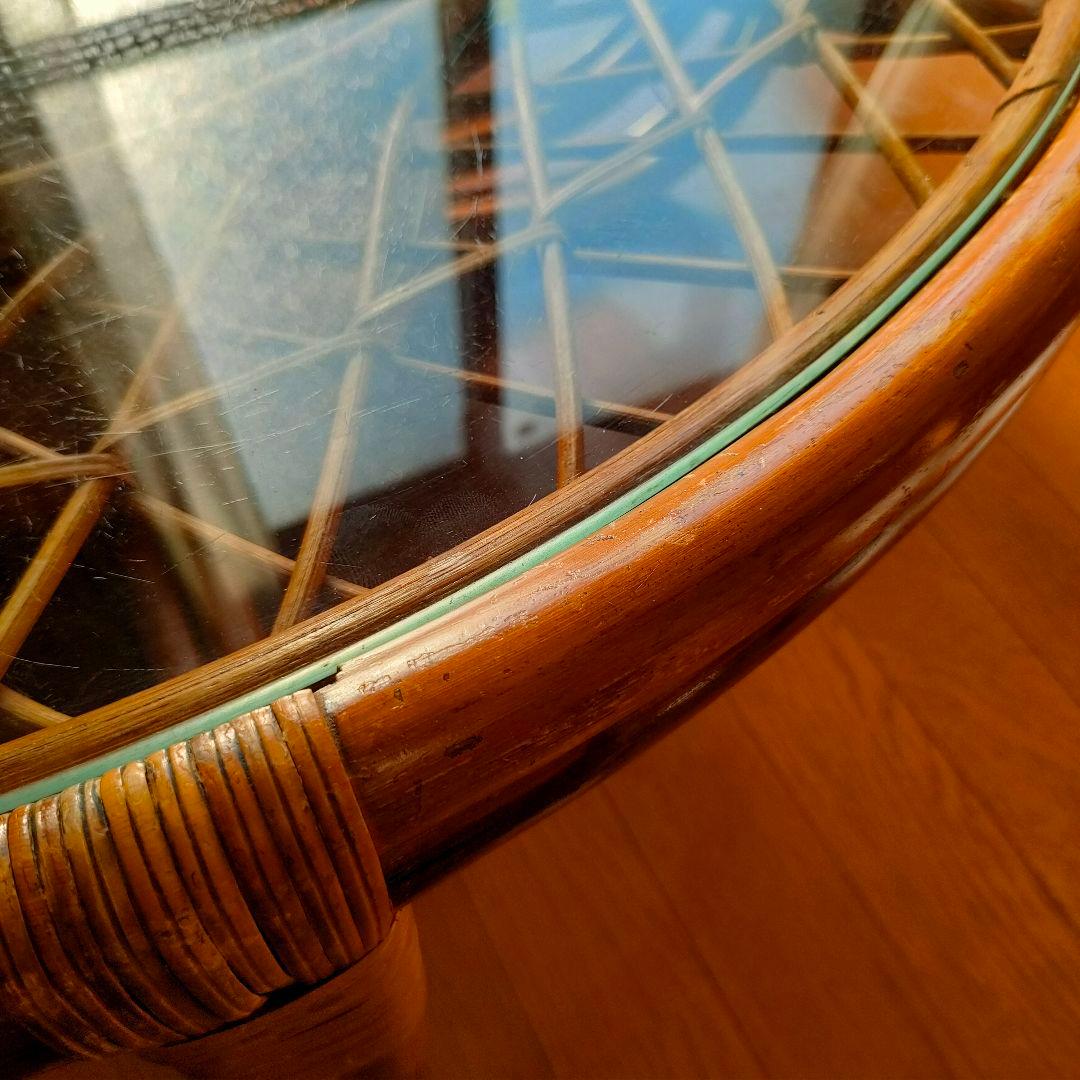 昭和レトロ ヴィンテージ 大型 ラタン ラウンドテーブル 円卓 座卓 籐家具