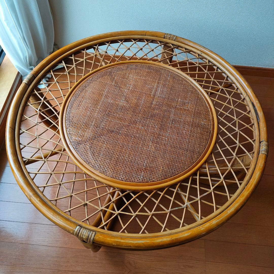 昭和レトロ ヴィンテージ 大型 ラタン ラウンドテーブル 円卓 座卓 籐家具