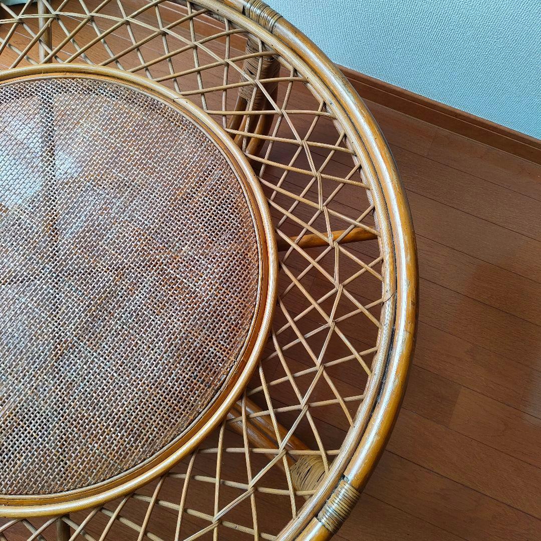 昭和レトロ ヴィンテージ 大型 ラタン ラウンドテーブル 円卓 座卓 籐家具