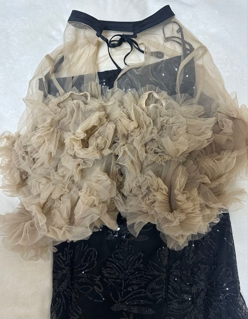 Leja-フリルチュールスリーブリボンIラインワンピースドレス結婚式