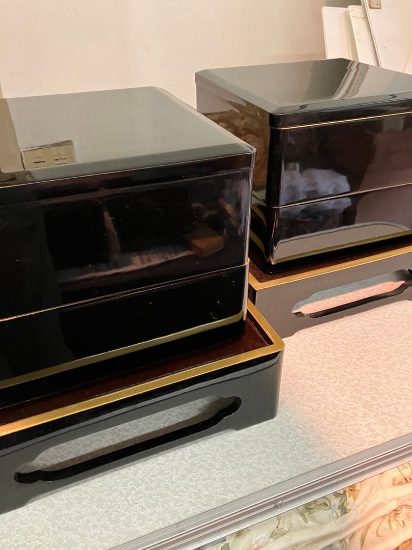 重箱　昭和レトロ　鶴亀　2段重箱　2セット　骨董品　台付