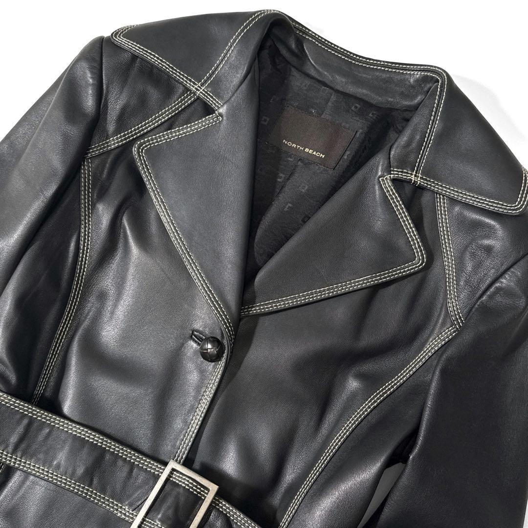 定価15万 ノースビーチ 本革 ラムレザー ベルト Aライン コート ラムスキン