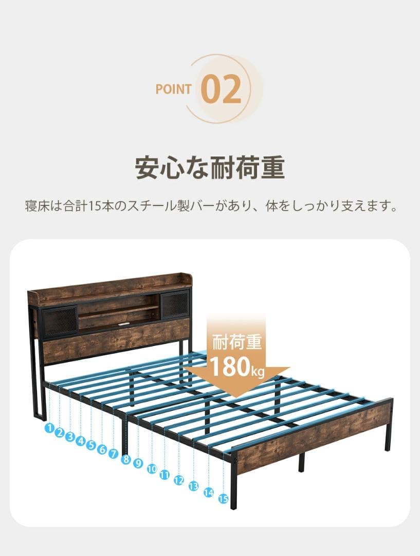 ベッドフレーム セミダブル パイプベッド 宮付き コンセント ベッド ブラック