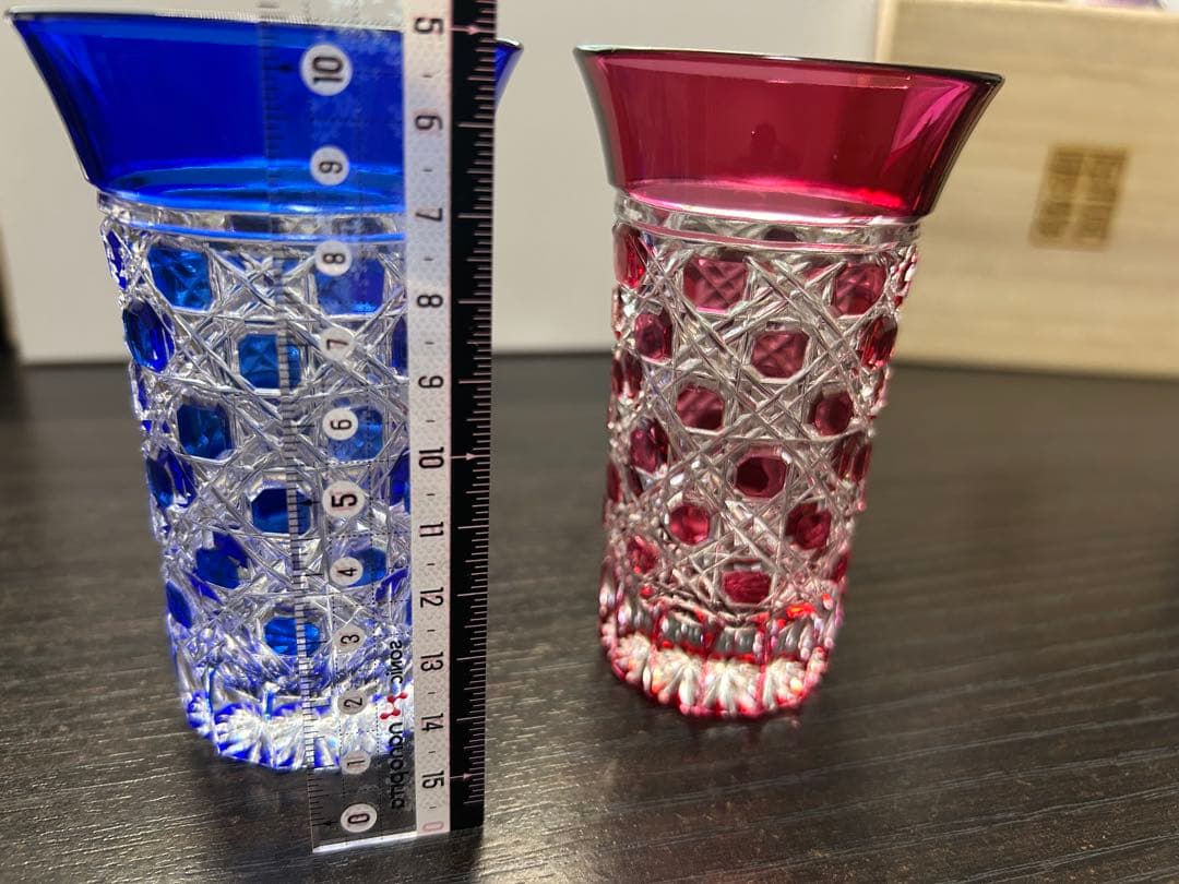 江戸切子　タンブラー　八角籠目　セット（瑠璃、赤）