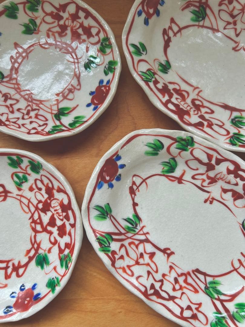 榛澤宏 色絵二花楕円小皿 豆皿 たたら 粉引 赤絵 作家もの