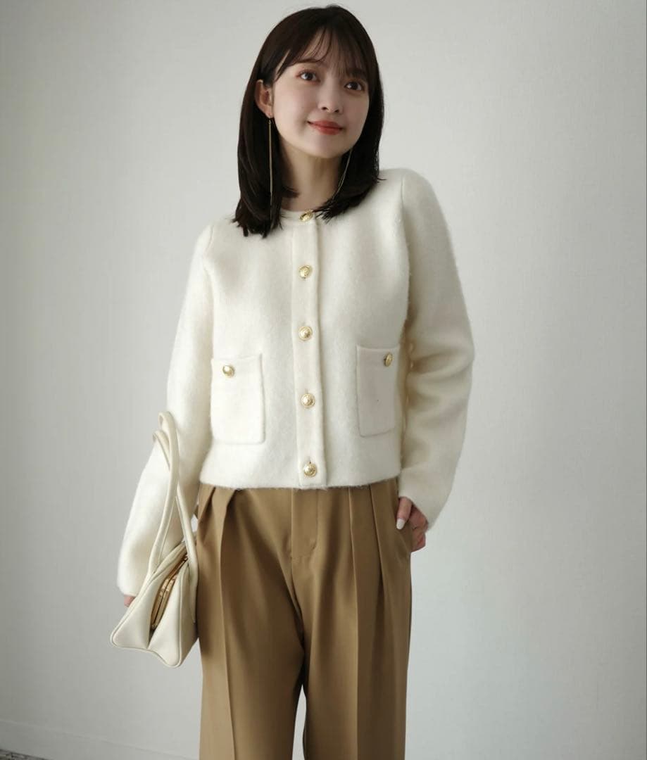 antuans カシミヤブレンドノーカラーニットジャケット