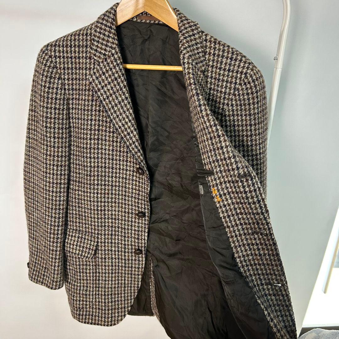ウール　テーラードジャケット　レトロ　千鳥柄　総柄　ハリスツイード