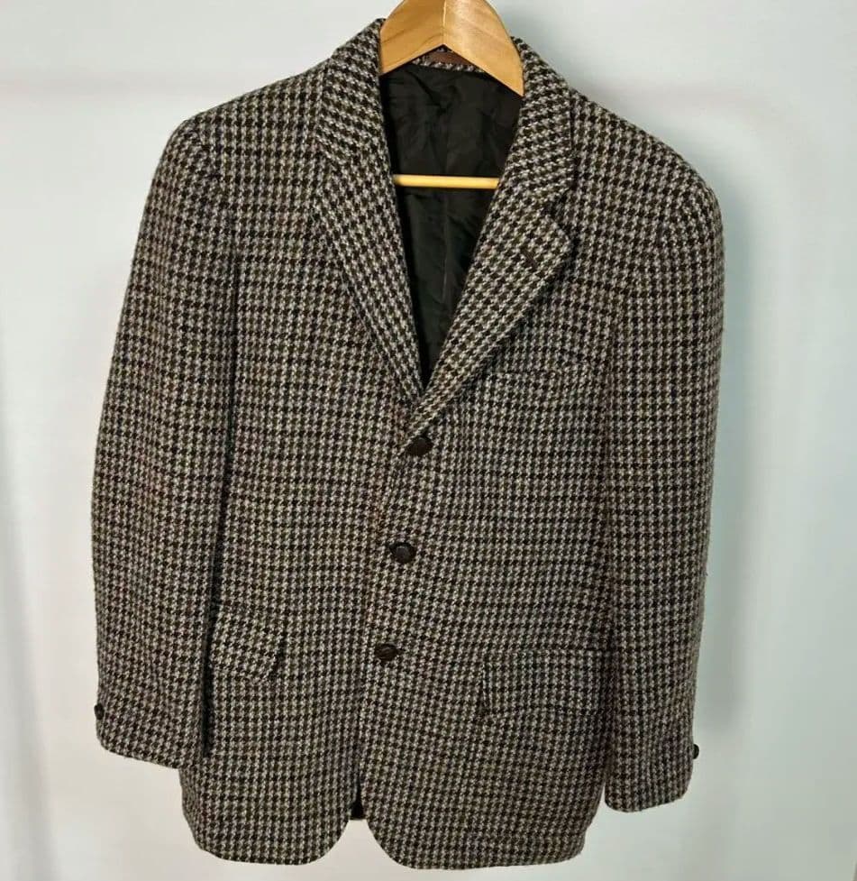 ウール　テーラードジャケット　レトロ　千鳥柄　総柄　ハリスツイード