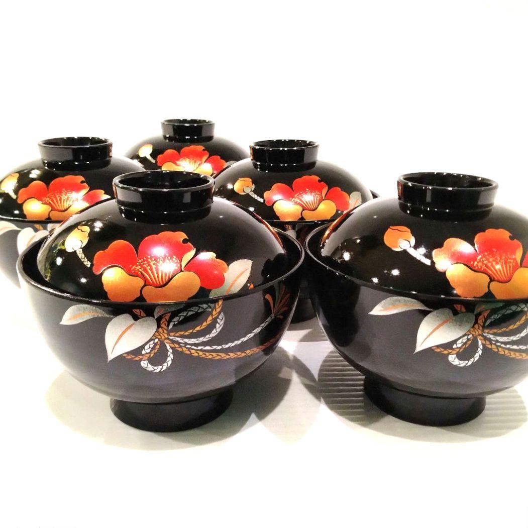 会津塗 漆器 金彩 吸物碗 蓋付き 黒塗 蒔絵 汁椀 お正月 椿 5客揃