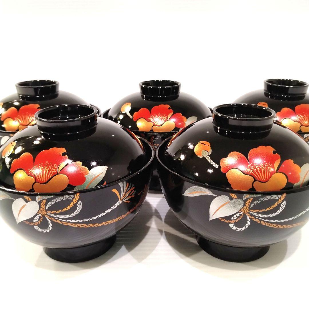 会津塗 漆器 金彩 吸物碗 蓋付き 黒塗 蒔絵 汁椀 お正月 椿 5客揃