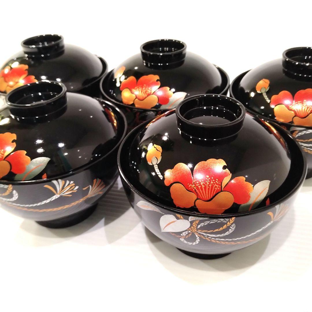 会津塗 漆器 金彩 吸物碗 蓋付き 黒塗 蒔絵 汁椀 お正月 椿 5客揃