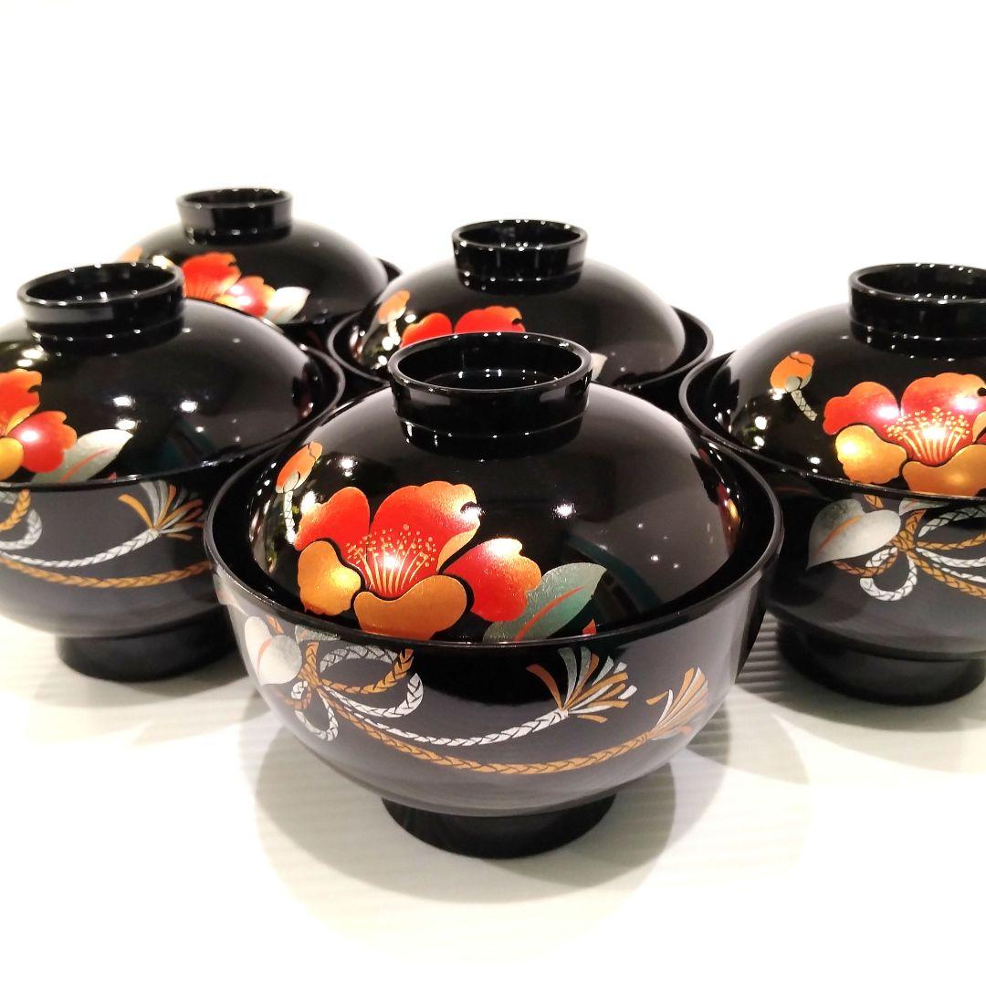 会津塗 漆器 金彩 吸物碗 蓋付き 黒塗 蒔絵 汁椀 お正月 椿 5客揃