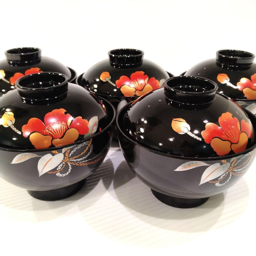会津塗 漆器 金彩 吸物碗 蓋付き 黒塗 蒔絵 汁椀 お正月 椿 5客揃