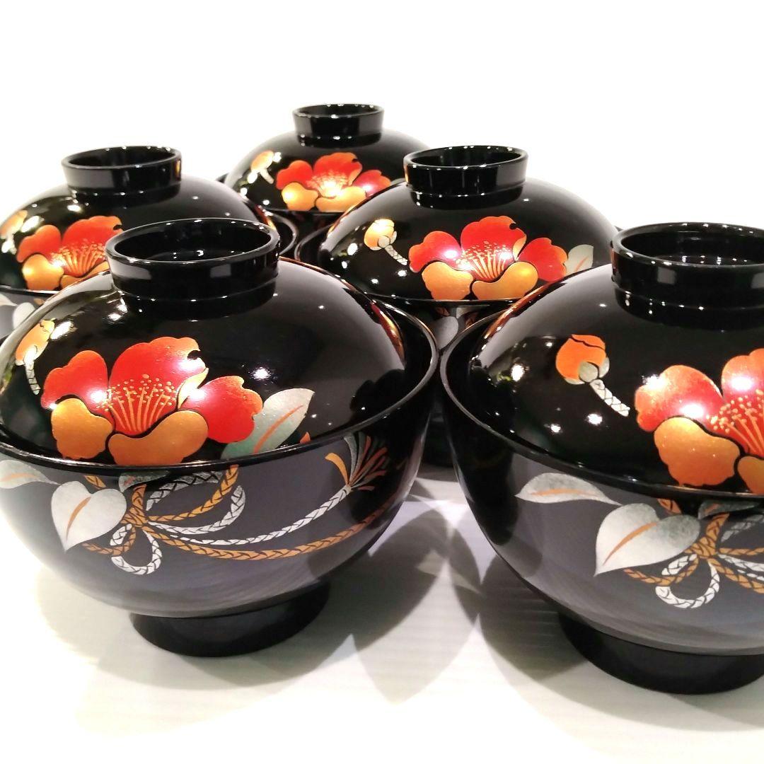 会津塗 漆器 金彩 吸物碗 蓋付き 黒塗 蒔絵 汁椀 お正月 椿 5客揃