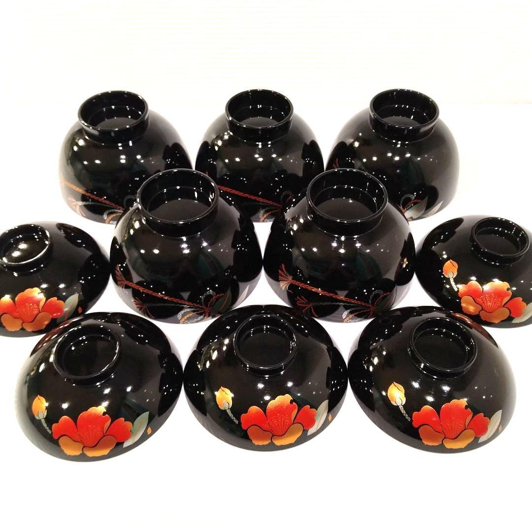 会津塗 漆器 金彩 吸物碗 蓋付き 黒塗 蒔絵 汁椀 お正月 椿 5客揃