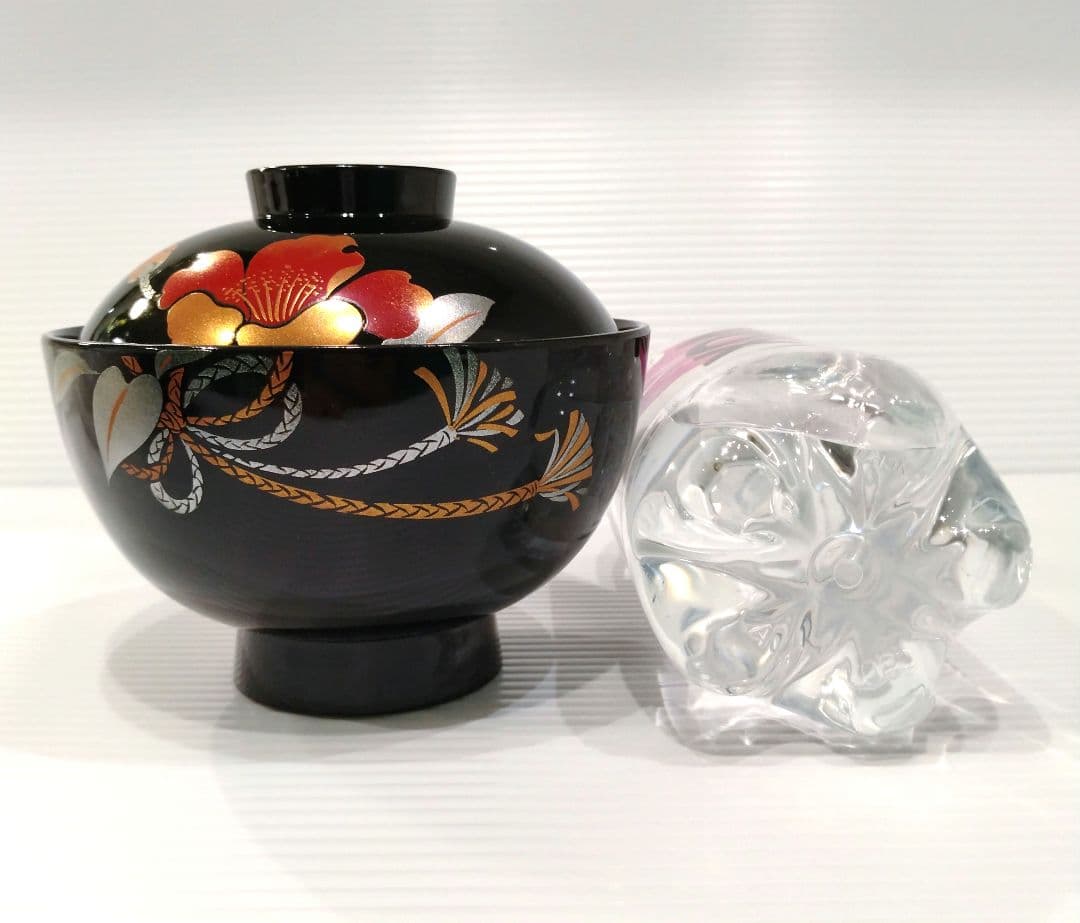 会津塗 漆器 金彩 吸物碗 蓋付き 黒塗 蒔絵 汁椀 お正月 椿 5客揃