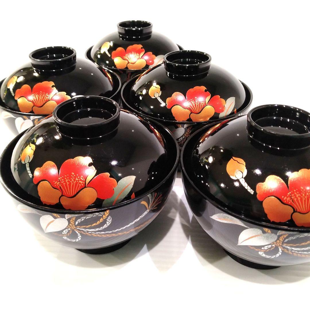 会津塗 漆器 金彩 吸物碗 蓋付き 黒塗 蒔絵 汁椀 お正月 椿 5客揃