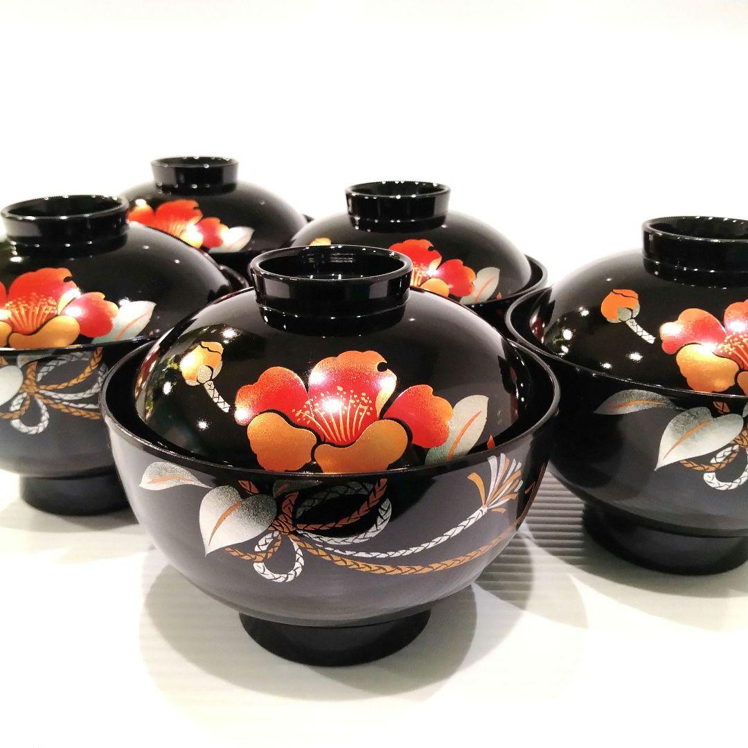 会津塗 漆器 金彩 吸物碗 蓋付き 黒塗 蒔絵 汁椀 お正月 椿 5客揃